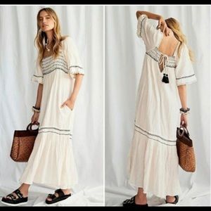 Free People I'm the One Ivory black Maxi Dress Gauze Smocked with tassel